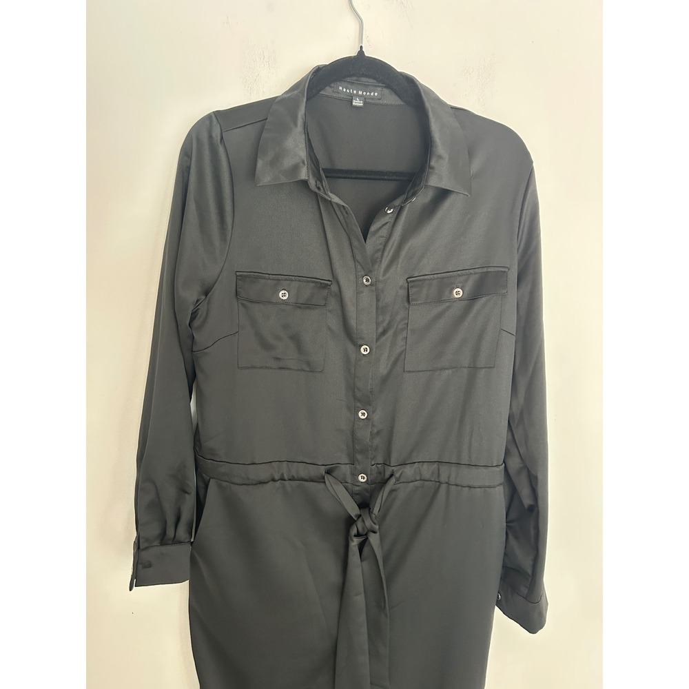 Haute Monde Womens Black Long Sleeve Satin Utility Jumpsuit Size L Belted Pocket